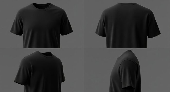 Black crew neck t-shirt mockup displayed from multiple angles on a neutral grey background studio shot