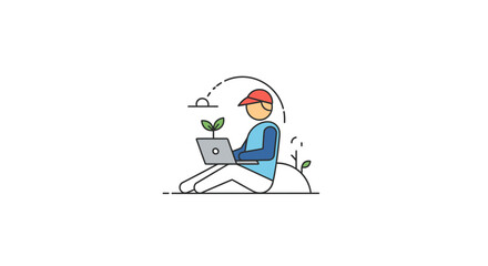 Fototapeta premium Person sitting with laptop outdoors relaxed.