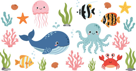 Obraz premium Cute underwater sea animals vector illustration with whale octopus jellyfish fish crab and coral reef elements