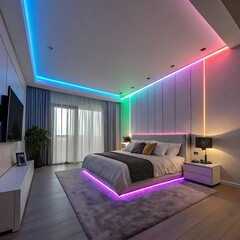 Fototapeta premium Modern RGB Bedroom LED Strip Lights with Multi-Color Dynamic Ambient Mood Lighting and Ceiling Accent Illumination
