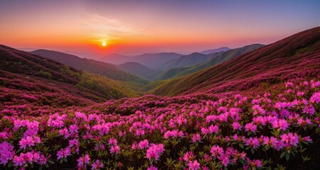 Fototapeta premium Beautiful sunrise in the spring mountains. View of hills, covered with fresh blossom rhododendrons. Panoramic landscape. 