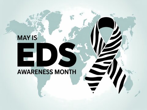 Ehlersdanlos syndrome awareness month in may with zebra stripe ribbon symbol on world map background
