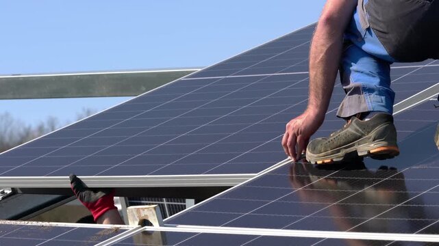 Construction of a Solar Power Plant, installation panels - (4K)