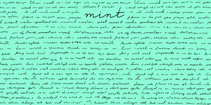 A vibrant teal background filled with handwritten cursive text featuring mint