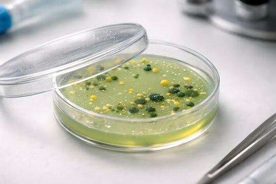 Blue gloved hand holding a petri dish with pale green agar, mixed yellow and dark green bacterial colonies, condensation on the lid, and a softly blurred clinical laboratory background