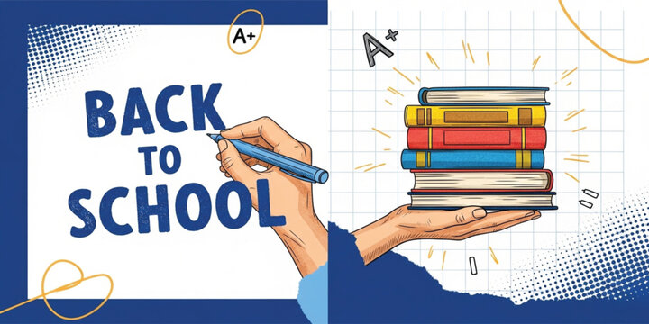 Back to School Illustration with Hand Holding Books and Writing Text A Plus Grade Concept for Education Banner Poster Academic Learning Design