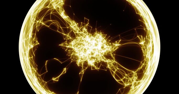 Seamless loop. An abstract luminous sphere demonstrates the dynamic motion of particles moving in a circle. The internal structure of many intertwining lines and dots alternately disintegrates and ref