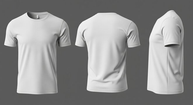 Three-dimensional rendering of a blank white short sleeve t-shirt from front back and side views for apparel mockups design templates