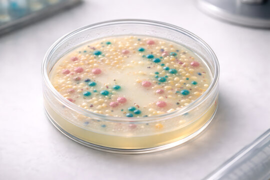 Blue gloved hand holding a petri dish with pale green agar, mixed yellow and dark green bacterial colonies, condensation on the lid, and a softly blurred clinical laboratory background