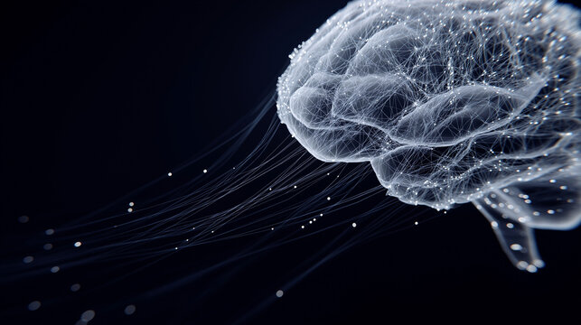 Representing large language model intelligence, abstract brain structure composed of fine flowing text threads and data lines