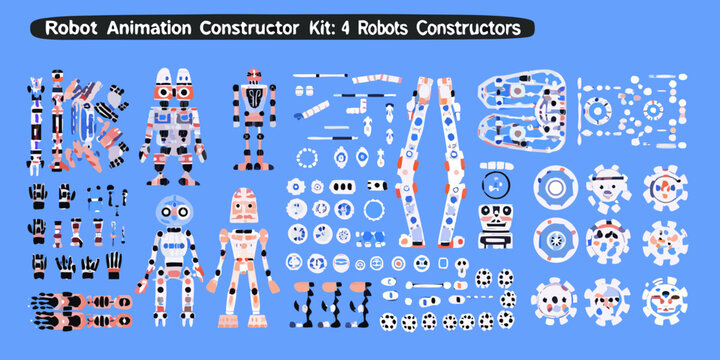Robot animation constructor kit with various parts for building robots