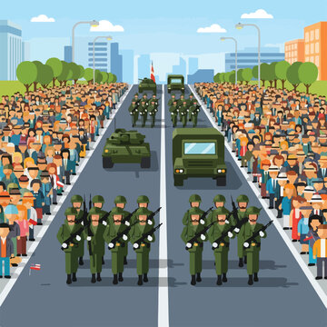 Military parade in city with marching soldiers, tanks and huge spectator crowds