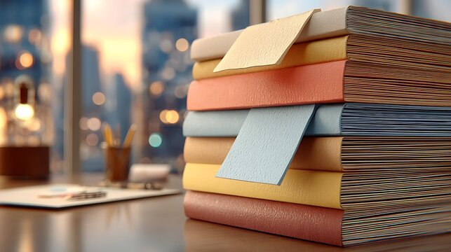 Corporate paperwork stack with folders on modern office desk wallpapers