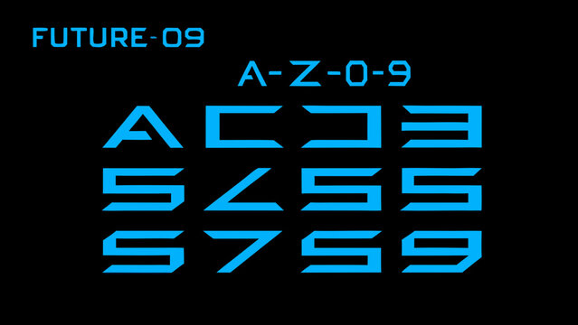 Futuristic digital display showcasing alphanumeric characters and glowing blue lines