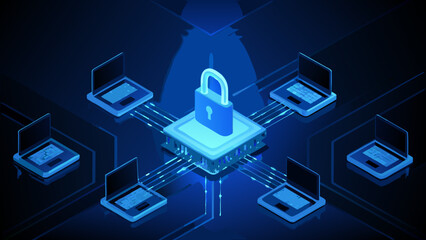 Cybersecurity network illustration with a central lock and connected devices © Sampad