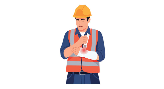 Injured construction worker in helmet and safety vest holding bandaged sore arm