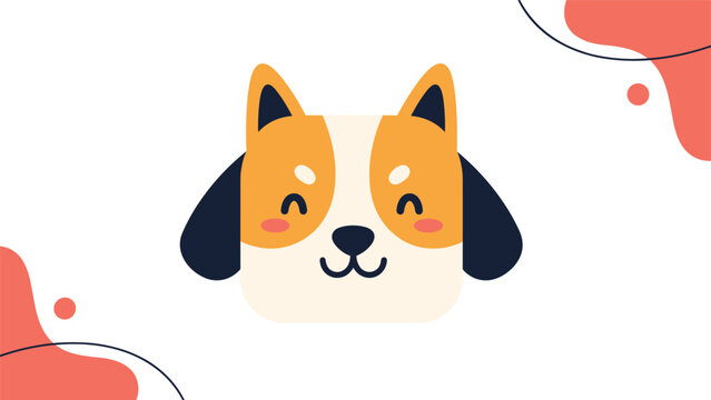 Flat design illustration of a cute dog head with orange and white fur, floppy black ears, and a friendly smiling expression.