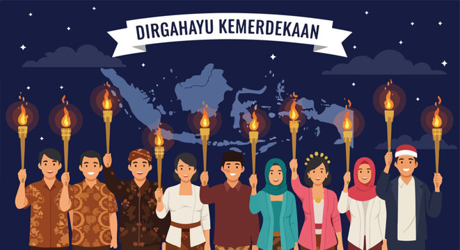Group of diverse Indonesian people holding torches to celebrate independence day