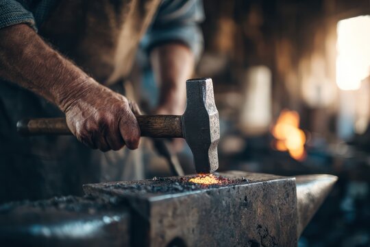 Professional metal forger in industrial workshop