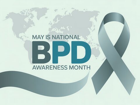 May is national borderline personality disorder bpd awareness month with grey ribbon and world map background