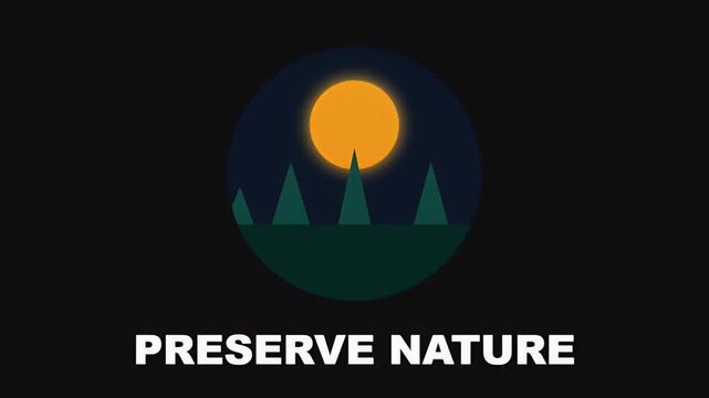 Minimalist flat design animation of a sun rising behind pine trees with the text preserve nature