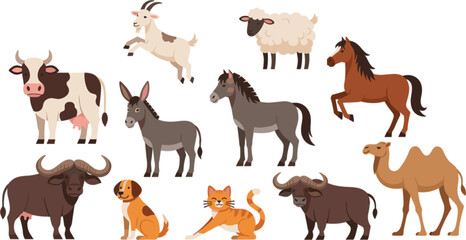Fototapeta premium Farm Animal Collection with Cow Goat Sheep Horse Donkey Camel Dog Buffalo and Cat Cartoon Illustration Set