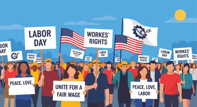 Diverse crowd holding Labor Day signs and American flags under a bright blue sun