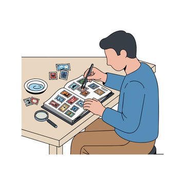 A man organizing postage stamp collection in album with tweezers and magnifier