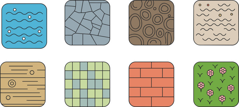 Set of flat stylized material textures including water stone wood sand brick and grass for game design landscape architecture and environment map vector illustration.