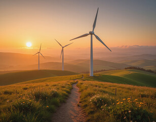 Obraz premium Wind Turbines on Green Hill at Sunset