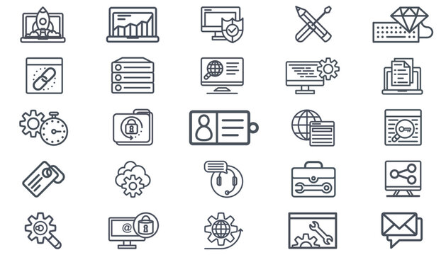 Vector Icon Set of 25 Black Minimalist Symbols for Technology, Business, and Web Development. Includes Cloud Computing, SEO, Security, Data Analysis, Customer Support, Startup Launch, and Repair.