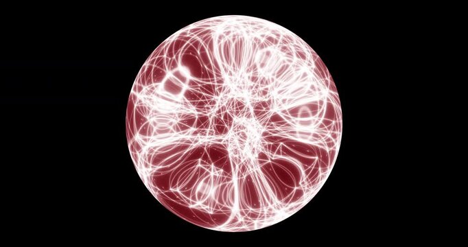 Seamless loop. An abstract luminous sphere demonstrates the dynamic motion of particles moving in a circle. The internal structure of many intertwining lines and dots alternately disintegrates and ref