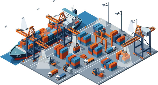 Isometric View of a Busy Container Port Terminal with Cargo Ship, Cranes, and Freight Trucks for Global Logistics and Trade Industry Concept