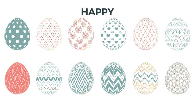 Set of twelve beautifully decorated Easter eggs with various patterns like dots waves and hearts in soft pastel colors for cards.