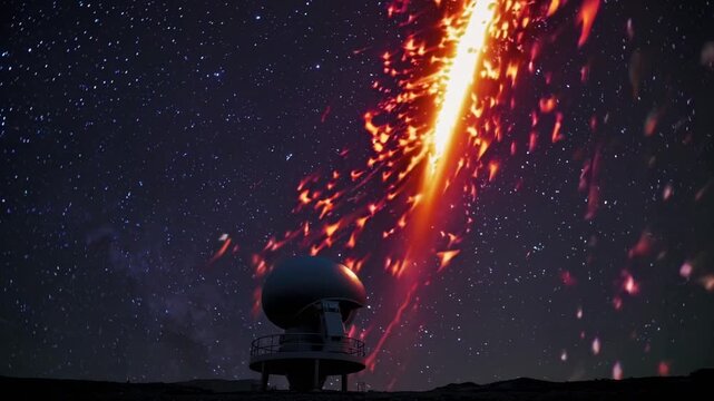 fiery meteor streaking above observatory dome, blazing trail of embers crossing Milky Way, telescope silhouette in foreground, dramatic sparks and glow, astronomer on duty watches sky hazard, intense