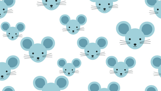 Cute seamless pattern of blue mouse faces with round ears and whiskers scattered over a white background for kids wallpaper.
