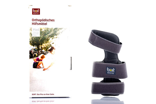 Bort Medical orthopedic wrist support brace with retail packaging photographed isolated on white background. Medical aid product shown as illustrative editorial.