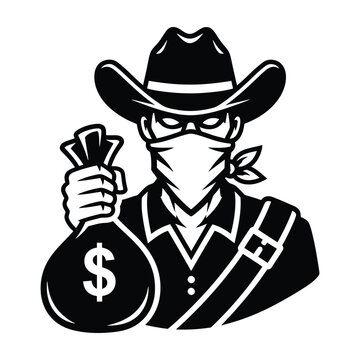 Vector illustration of a bandit with a money bag line art criminal illustration minimalist fugitive desperado