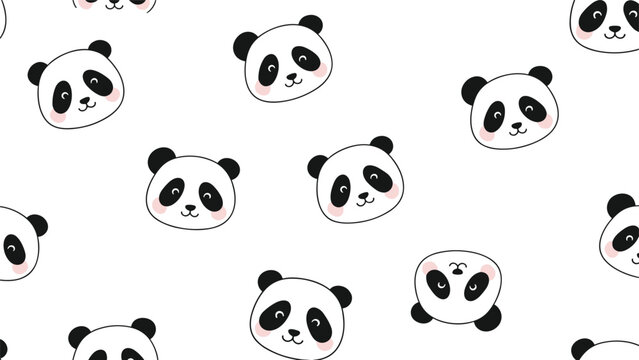Adorable seamless pattern of cute panda faces with pink cheeks scattered across a clean white background for kids textile design.