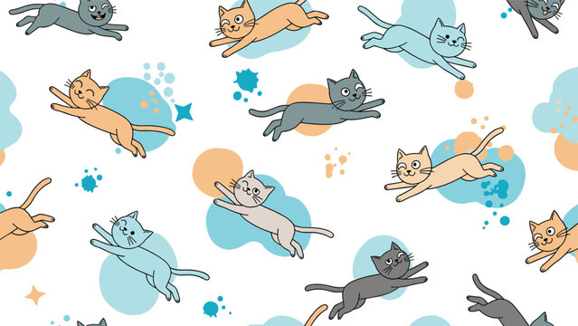 Playful seamless pattern featuring various colored cats jumping and running with blue and orange abstract blobs for nursery walls.