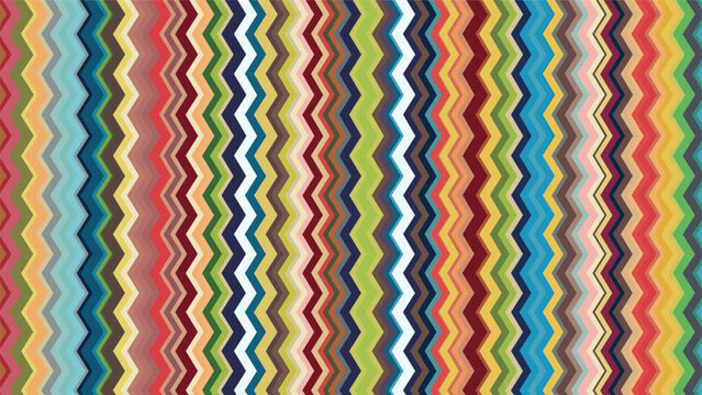 Vibrant pattern of vertical zigzag stripes in a wide variety of bright colors creating a rhythmic and energetic background for decor.