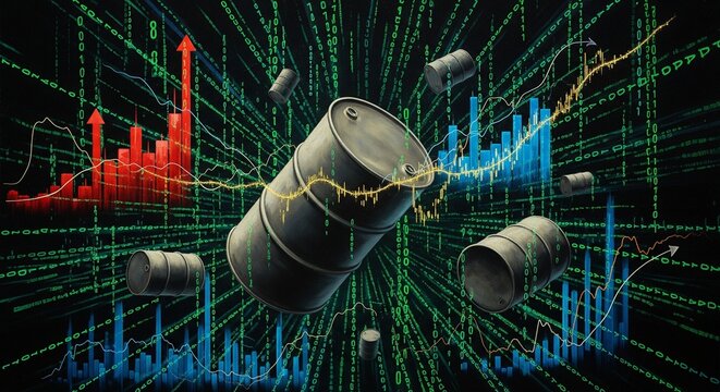 Oil barrels and financial charts superimposed on a digital binary code background symbolizing oil industry economics