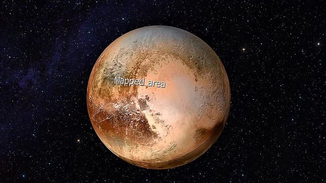 3D animation showing Pluto as dwarf planet with icy surface and distant solar orbit.