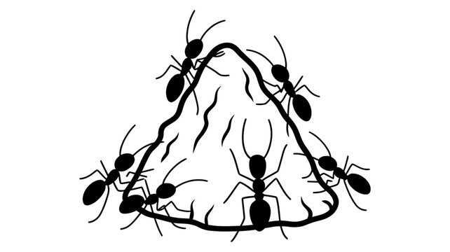 Group of ants working on anthill illustration black and white