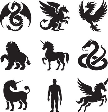 Mythical creatures, fantasy icons, black silhouettes, vector set