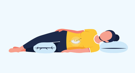 Woman lying on side with pillows for comfort after gastric surgery illustration