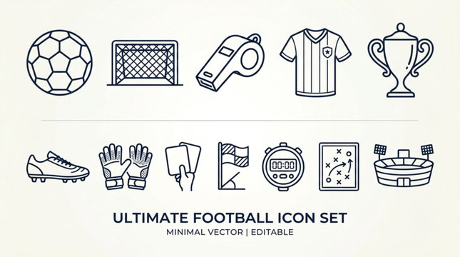 Ultimate Football Soccer Icon Set Minimal Vector Line Art Collection
