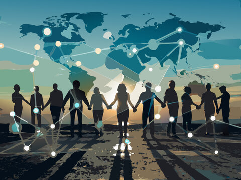 Global connection silhouettes of people holding hands with a world map backdrop