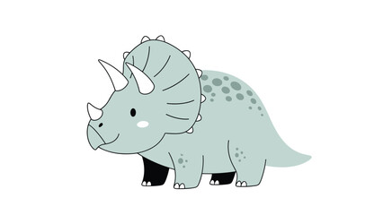 Adorable cartoon triceratops dinosaur in light blue with green spots standing on a white background for children. © MD