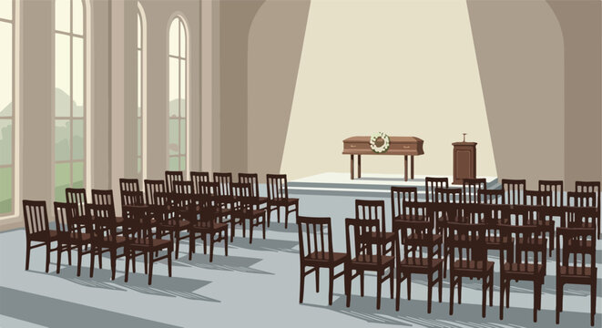 Solemn funeral hall with a wooden coffin on stage and rows of dark empty chairs